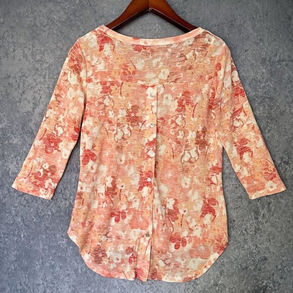 Rose + Olive Orange Floral Top, Size M, Back Buttons (Faux) - Picture 2 of 4